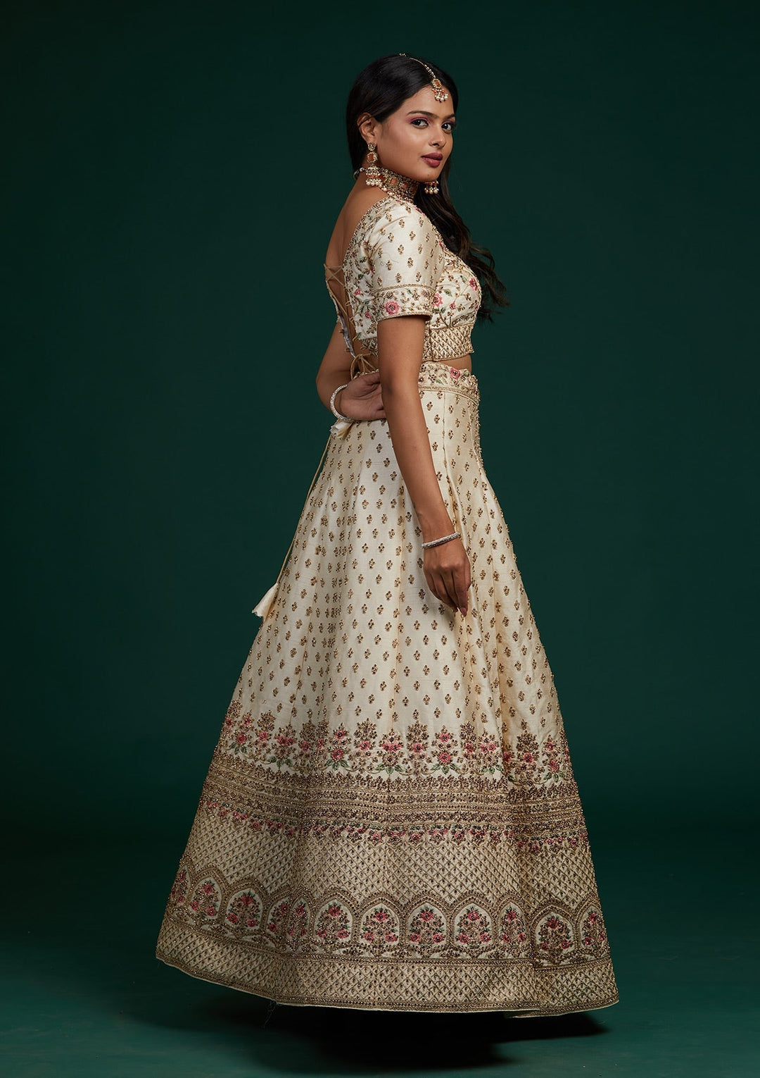Cream Zariwork Raw Silk Designer Lehenga-Koskii
