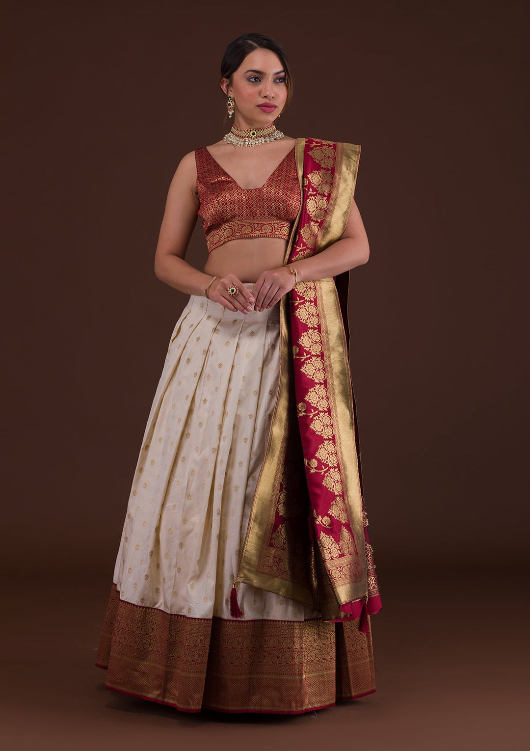 Cream Zariwork Raw Silk Designer Lehenga-Koskii