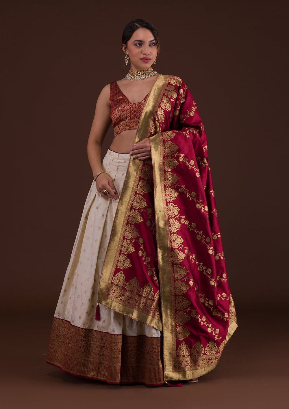 Cream Zariwork Raw Silk Designer Lehenga-Koskii