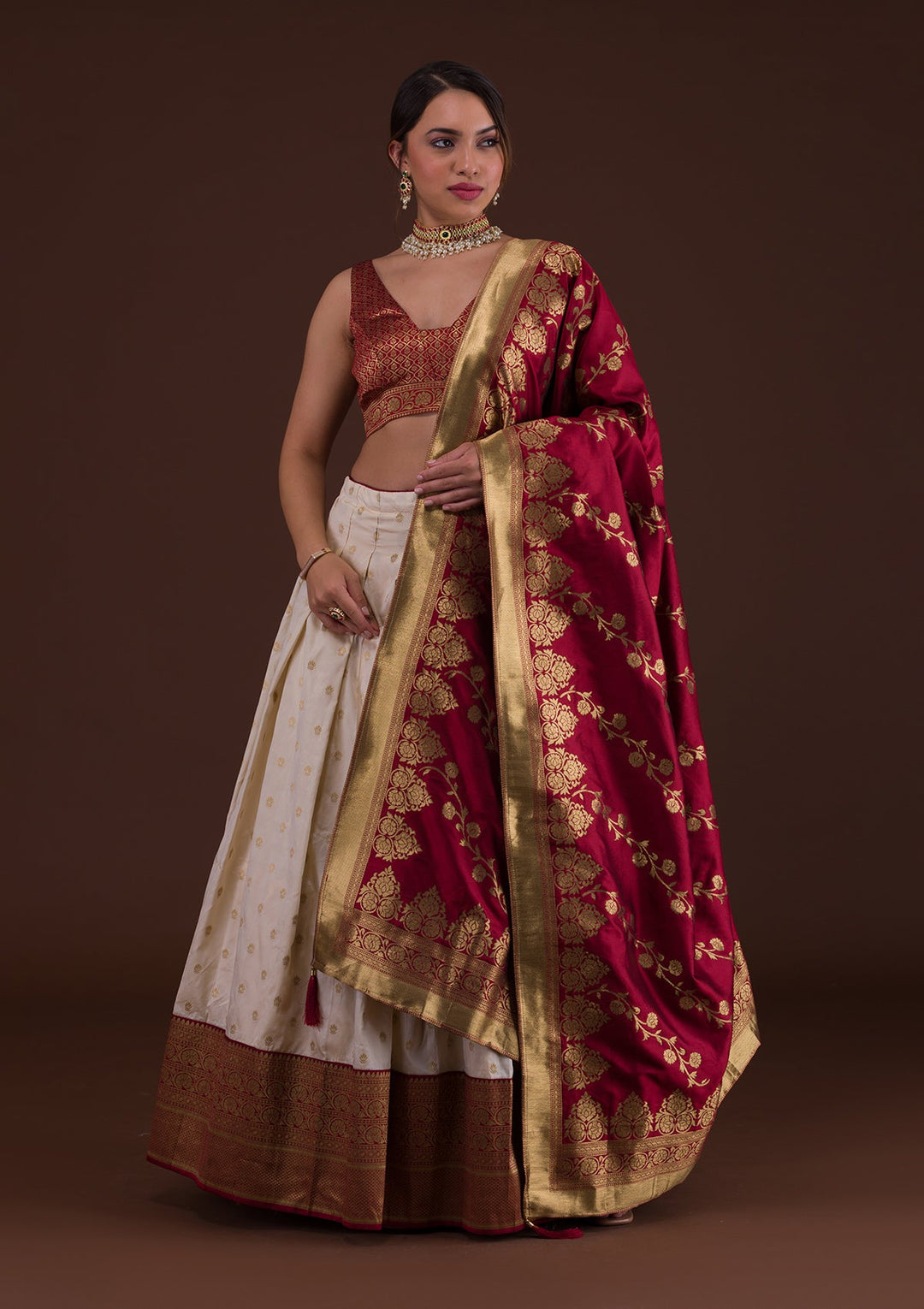Cream Zariwork Raw Silk Designer Lehenga-Koskii