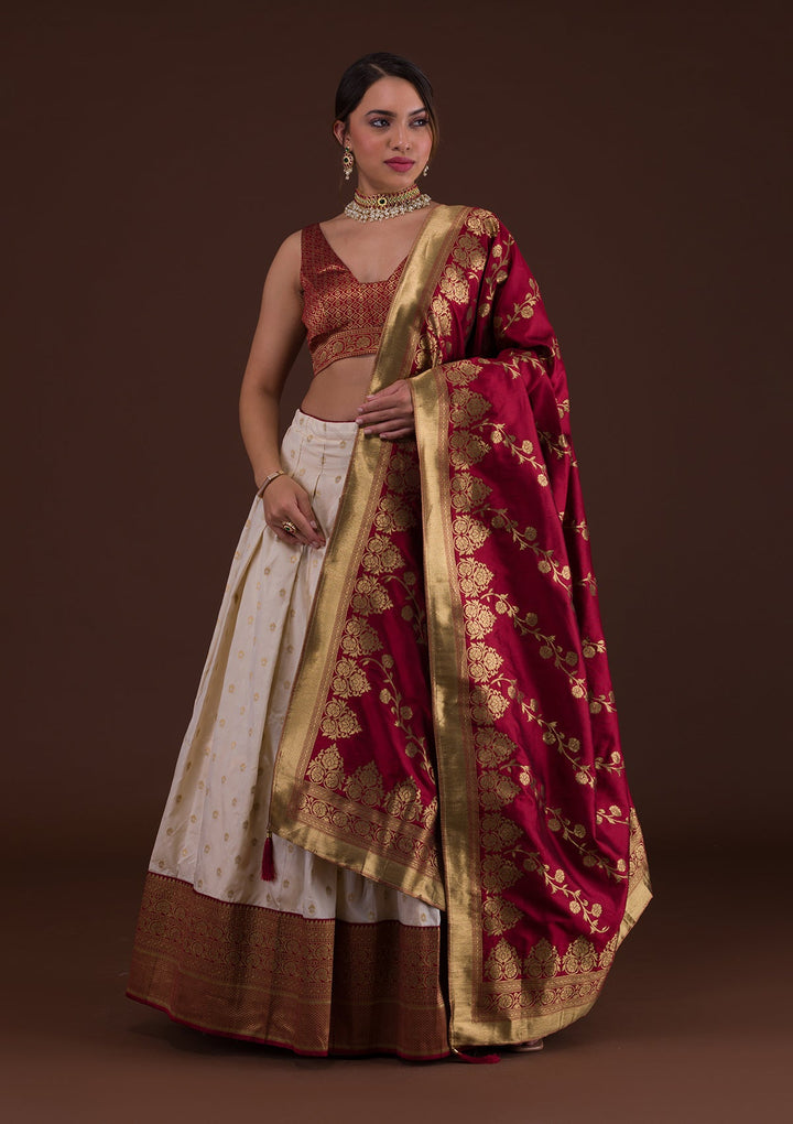 Cream Zariwork Raw Silk Designer Lehenga-Koskii