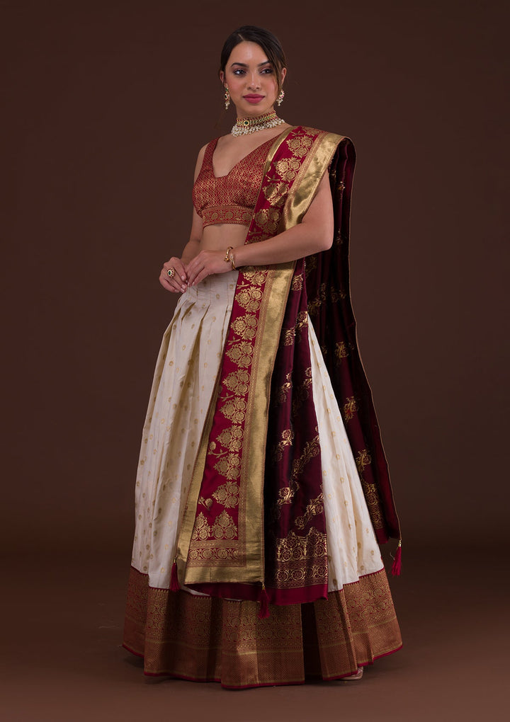 Cream Zariwork Raw Silk Designer Lehenga-Koskii