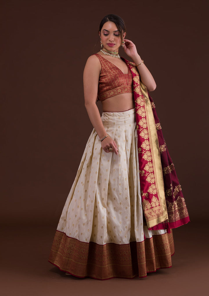 Cream Zariwork Raw Silk Designer Lehenga-Koskii