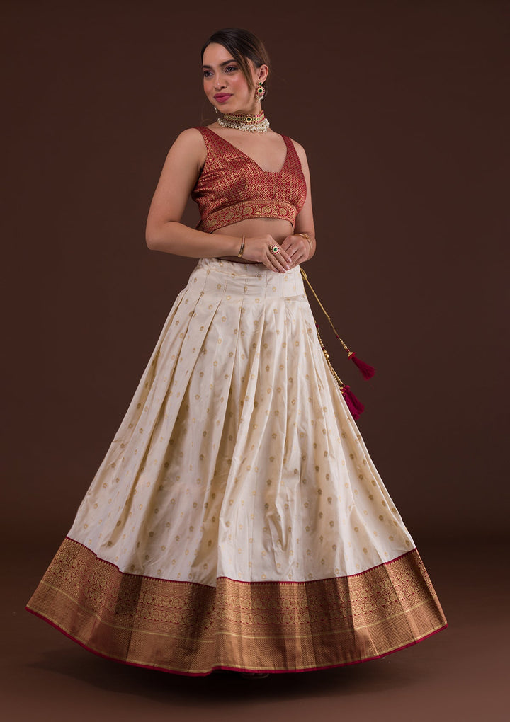 Cream Zariwork Raw Silk Designer Lehenga-Koskii