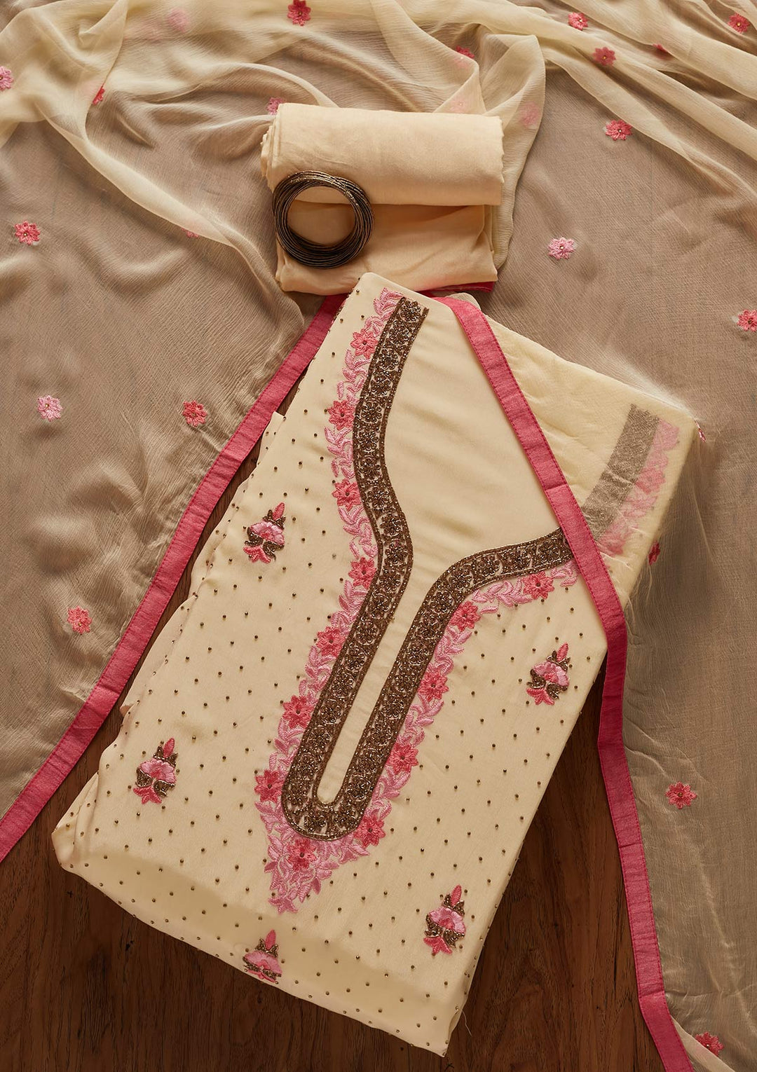 Cream Zariwork Semi Crepe Designer Unstitched Salwar Suit - koskii