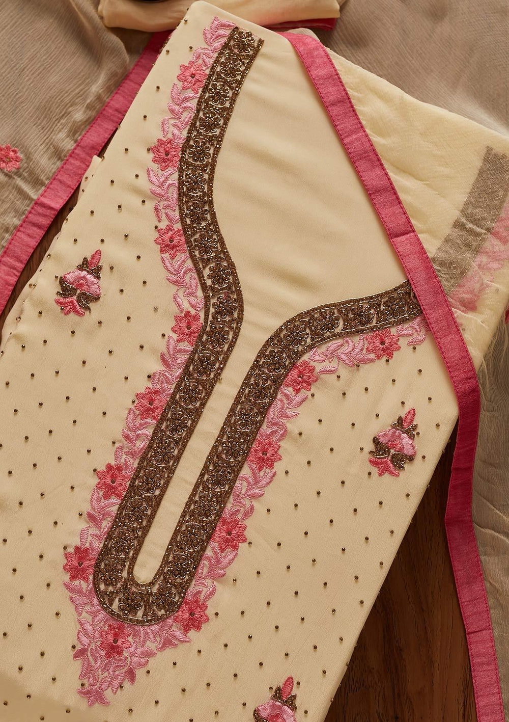 Cream Zariwork Semi Crepe Designer Unstitched Salwar Suit - koskii