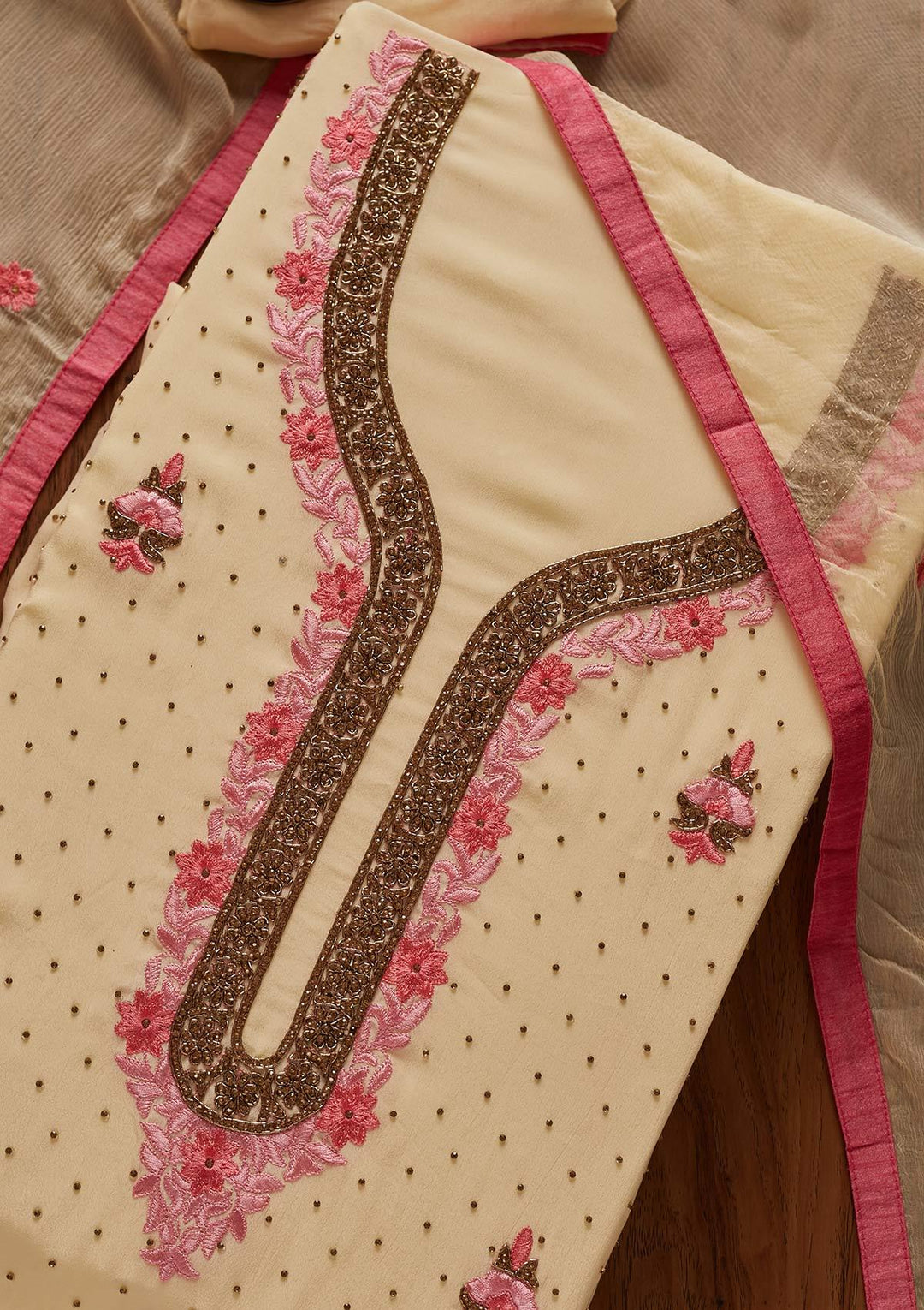 Cream Zariwork Semi Crepe Designer Unstitched Salwar Suit - koskii