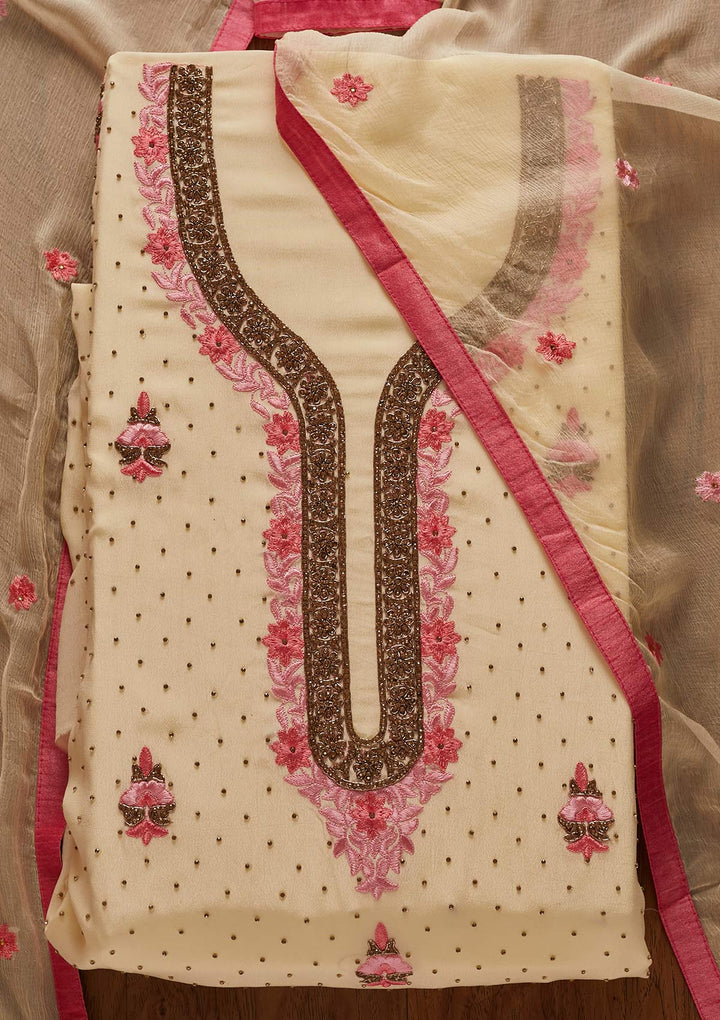 Cream Zariwork Semi Crepe Designer Unstitched Salwar Suit - koskii