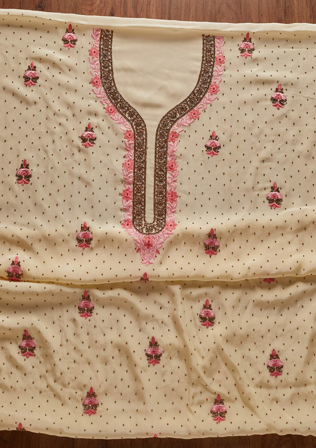 Cream Zariwork Semi Crepe Designer Unstitched Salwar Suit - koskii