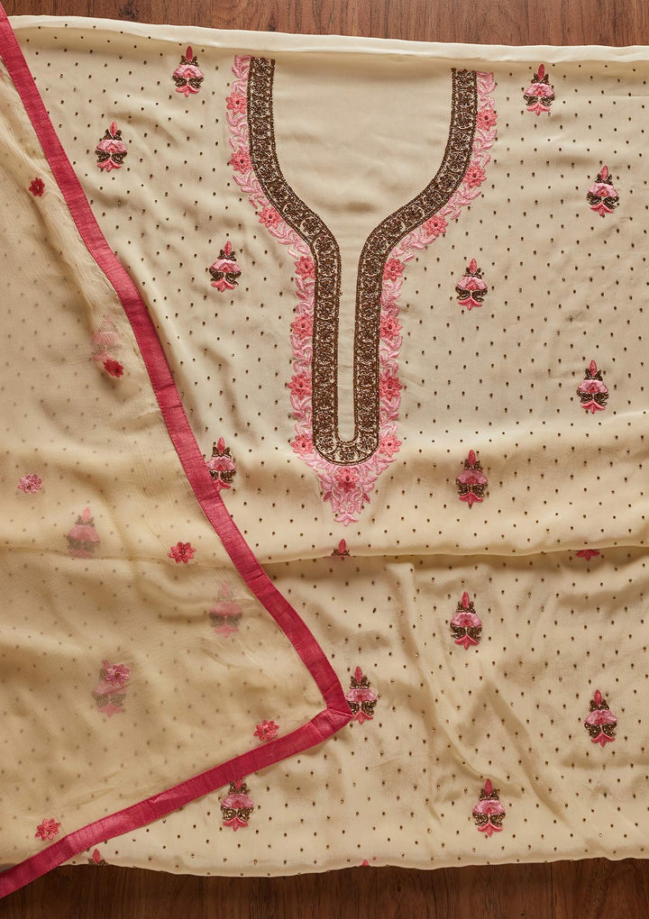 Cream Zariwork Semi Crepe Designer Unstitched Salwar Suit - koskii