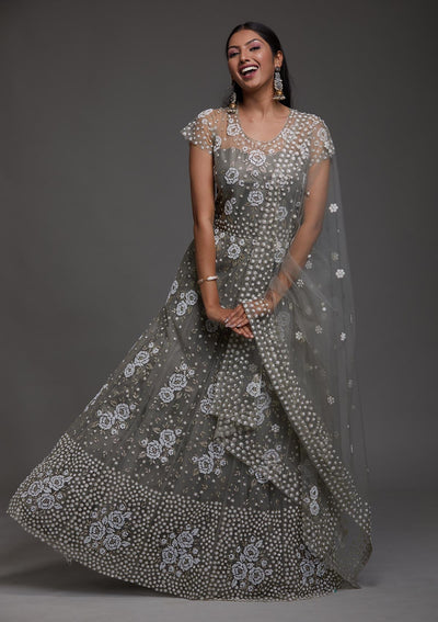 Dark Grey Glitter Net Designer Gown-Koskii