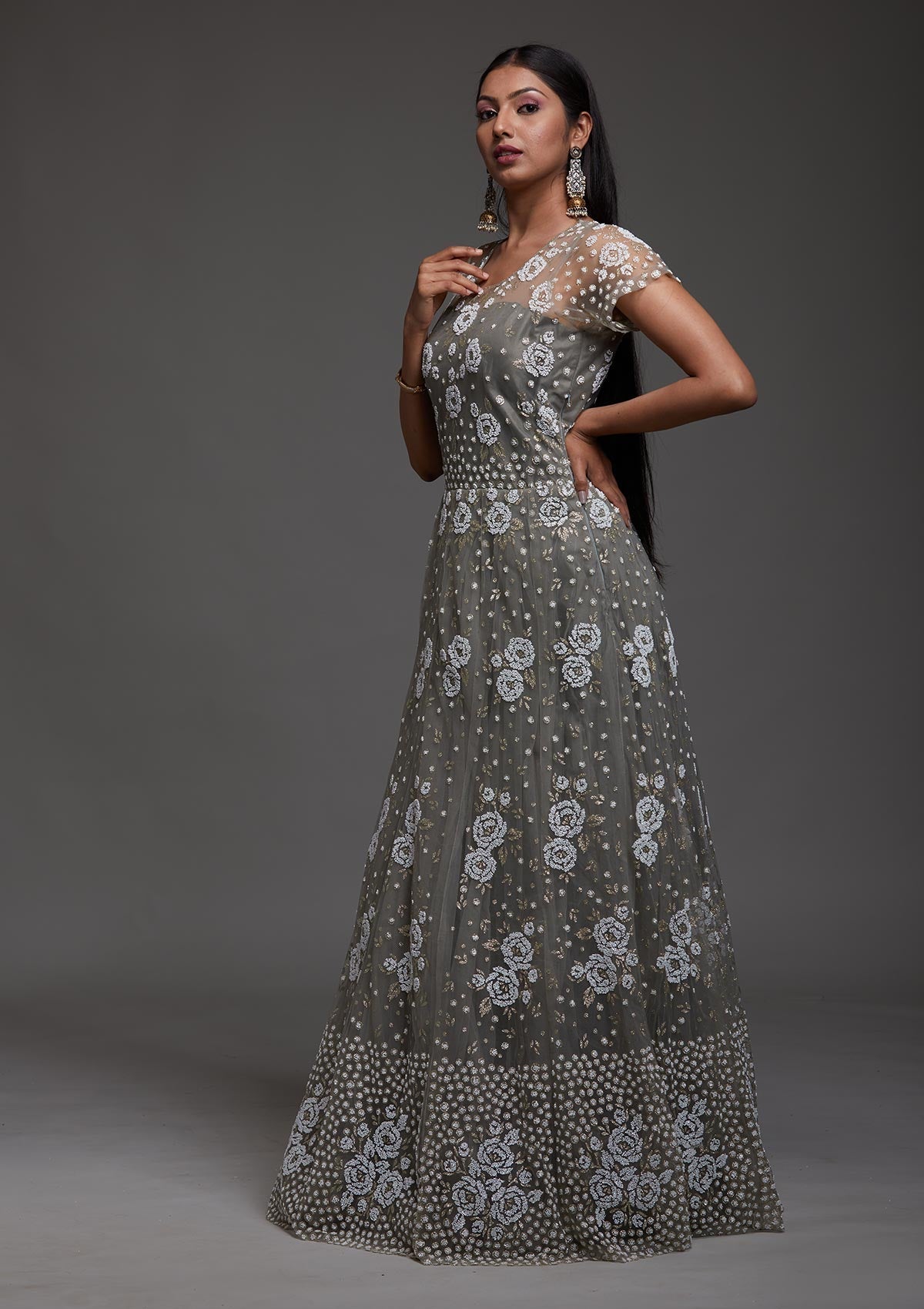 Dark Grey Glitter Net Designer Gown-Koskii