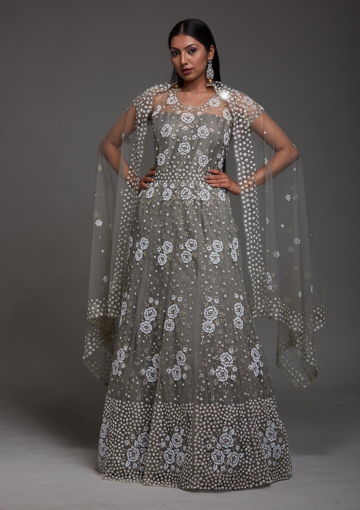 Dark Grey Glitter Net Designer Gown-Koskii