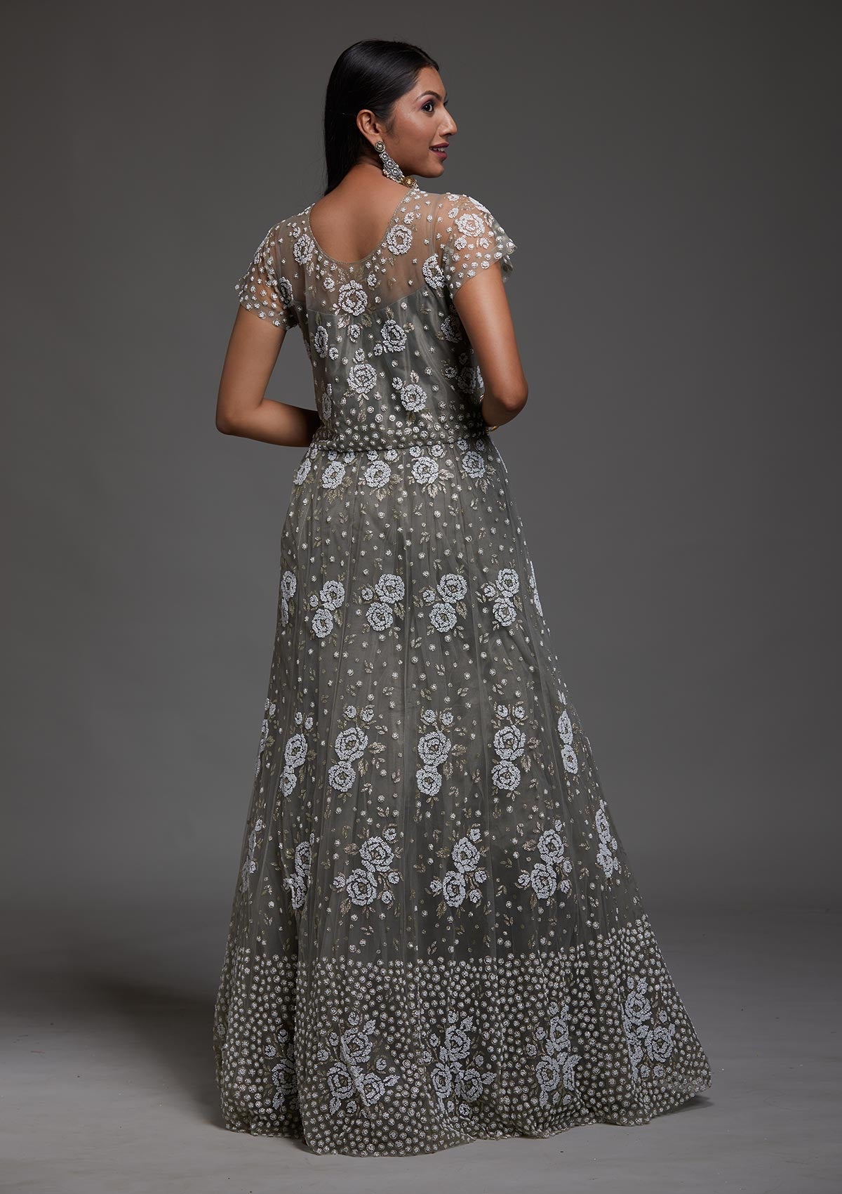 Dark Grey Glitter Net Designer Gown-Koskii