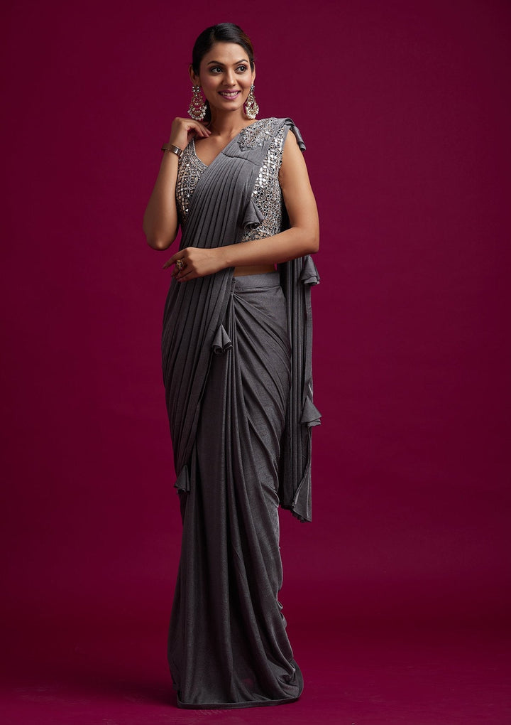Dark Grey Mirrorwork Lycra Designer Saree - koskii