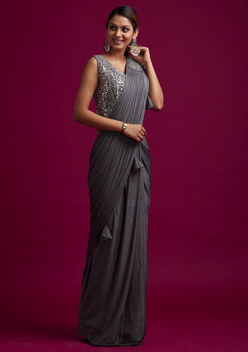 Dark Grey Mirrorwork Lycra Designer Saree - koskii