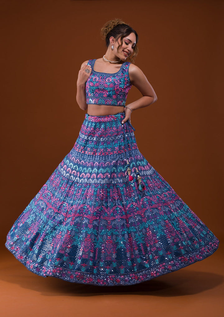 Dark Grey Mirrorwork Raw Silk Designer Lehenga-Koskii