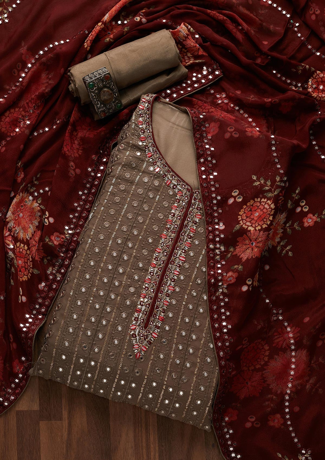 Dark Grey Mirrorwork Semi Crepe Designer Unstitched Salwar Suit - Koskii