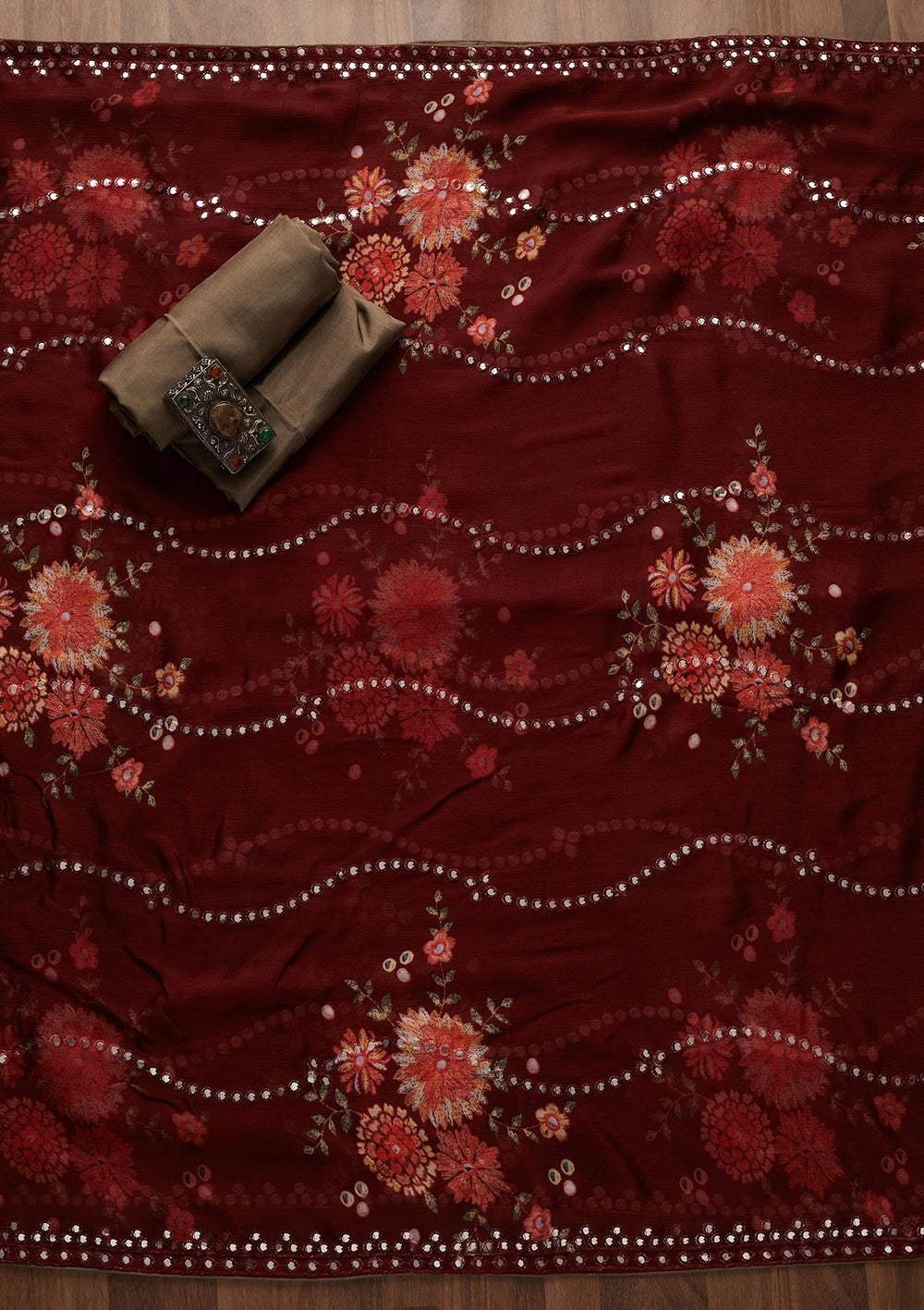 Dark Grey Mirrorwork Semi Crepe Designer Unstitched Salwar Suit - Koskii