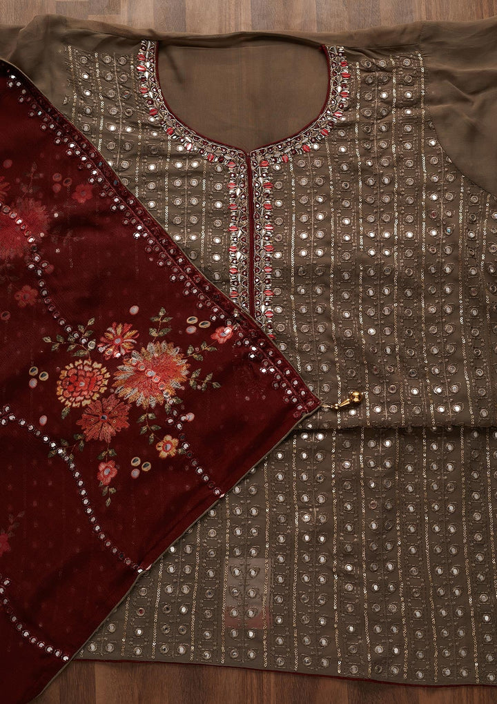 Dark Grey Mirrorwork Semi Crepe Designer Unstitched Salwar Suit - Koskii