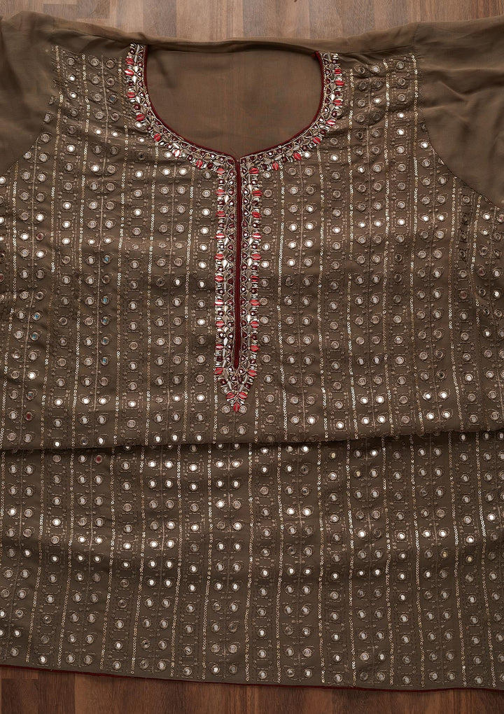 Dark Grey Mirrorwork Semi Crepe Designer Unstitched Salwar Suit - Koskii