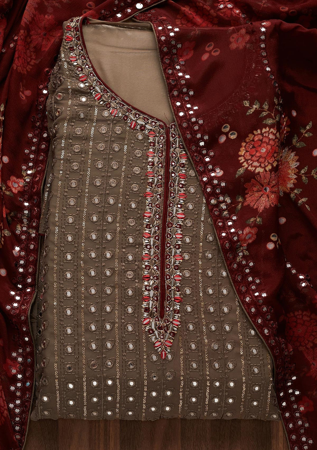 Dark Grey Mirrorwork Semi Crepe Designer Unstitched Salwar Suit - Koskii