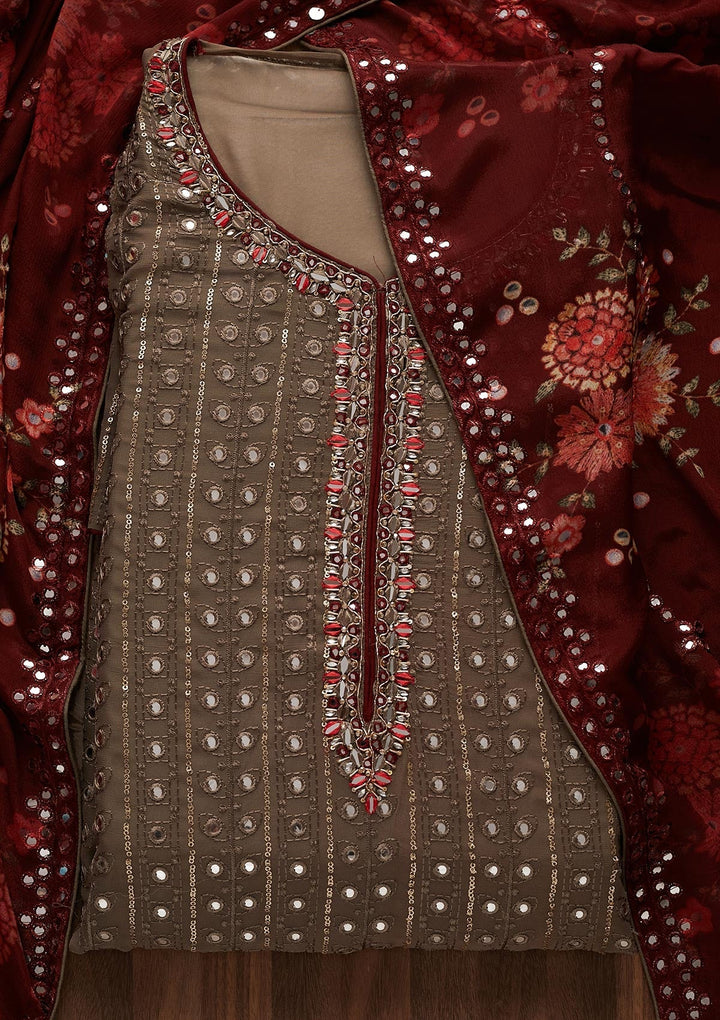 Dark Grey Mirrorwork Semi Crepe Designer Unstitched Salwar Suit - Koskii