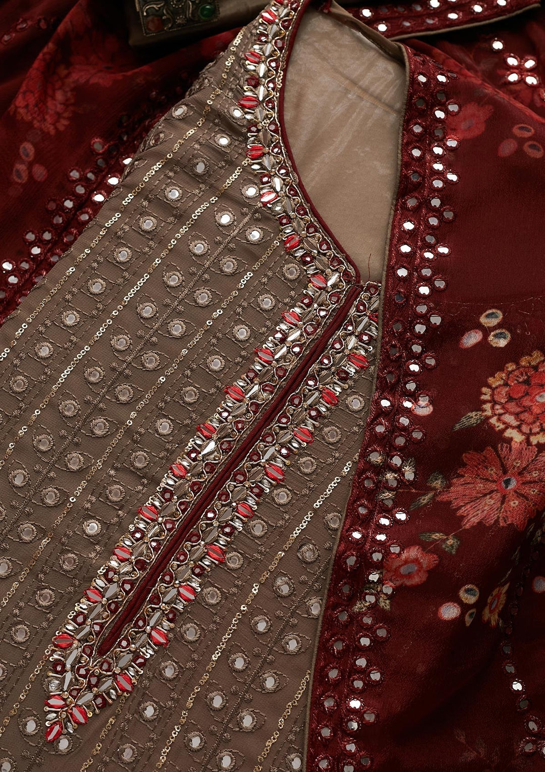 Dark Grey Mirrorwork Semi Crepe Designer Unstitched Salwar Suit - Koskii