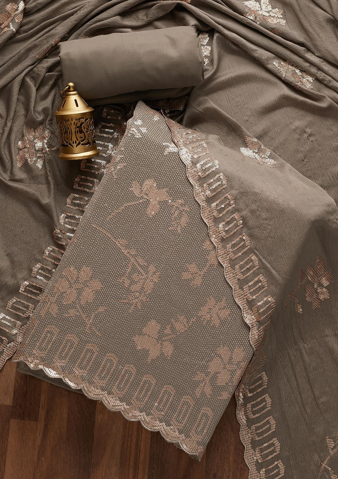 Dark Grey Sequins Georgette  Unstitched Salwar Suit- Koskii