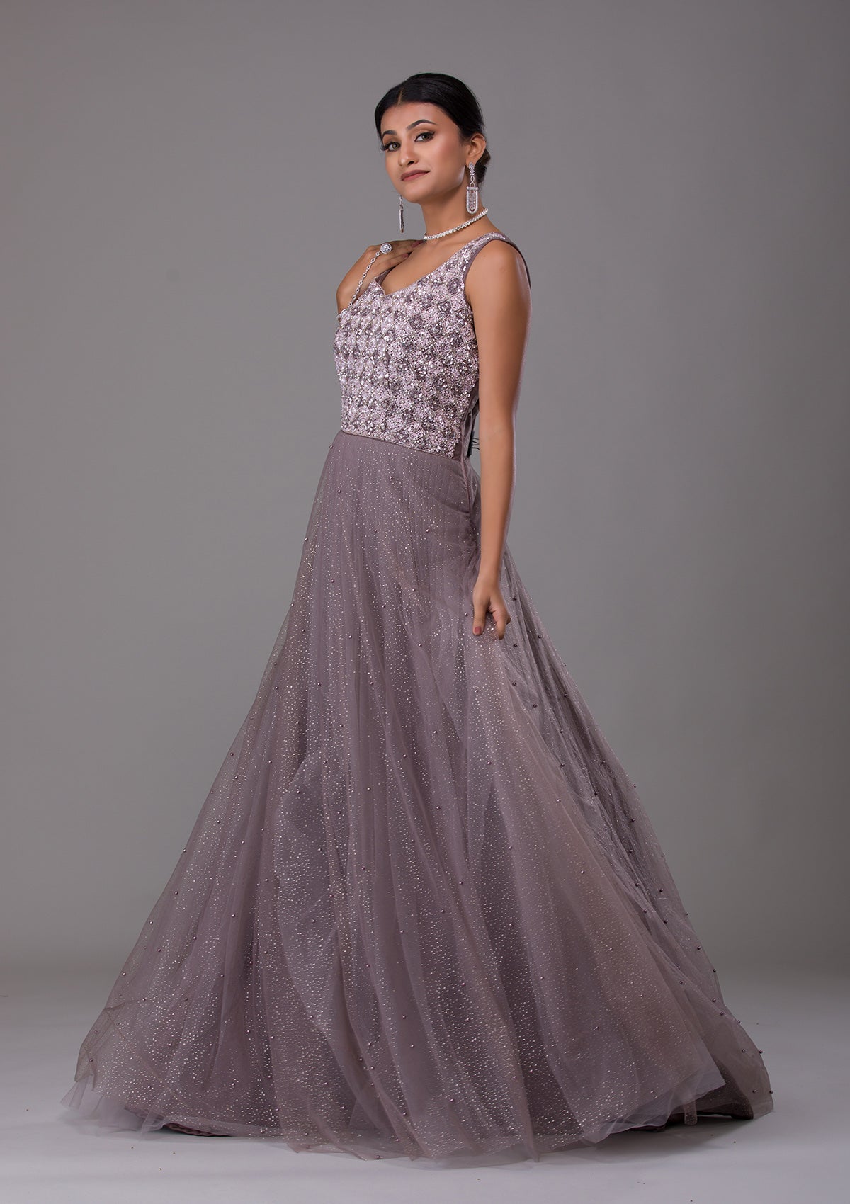 Dark Grey Sequins Net Designer Gown-Koskii