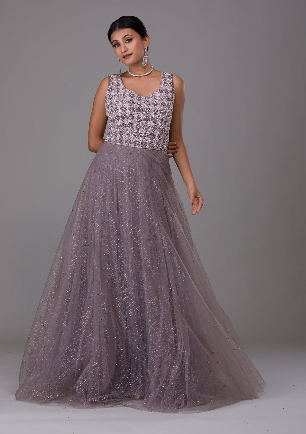 Dark Grey Sequins Net Designer Gown-Koskii