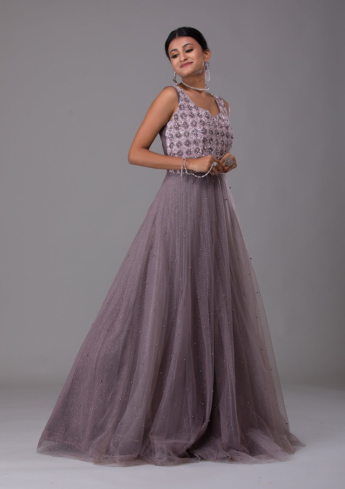 Dark Grey Sequins Net Designer Gown-Koskii