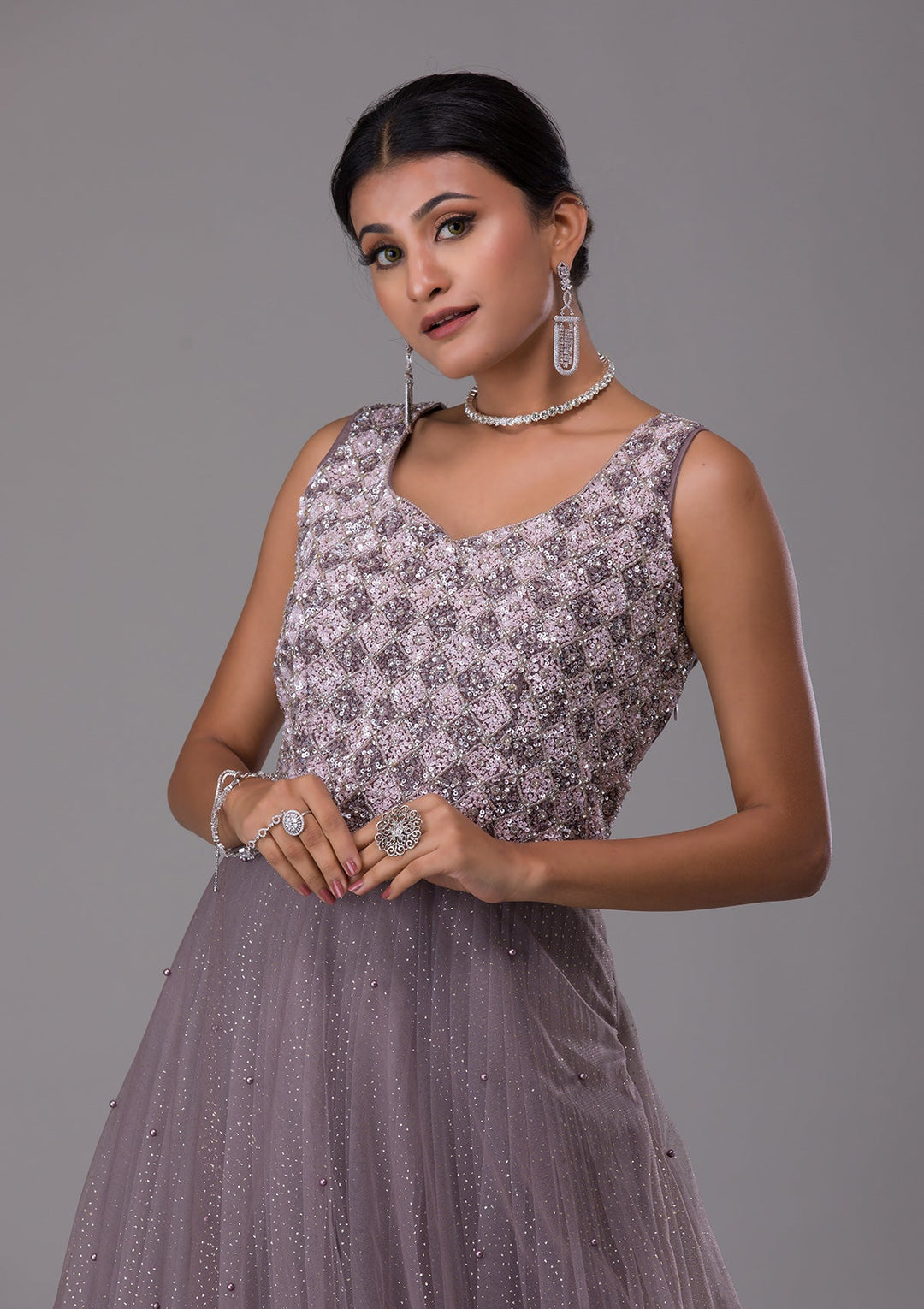 Dark Grey Sequins Net Designer Gown-Koskii