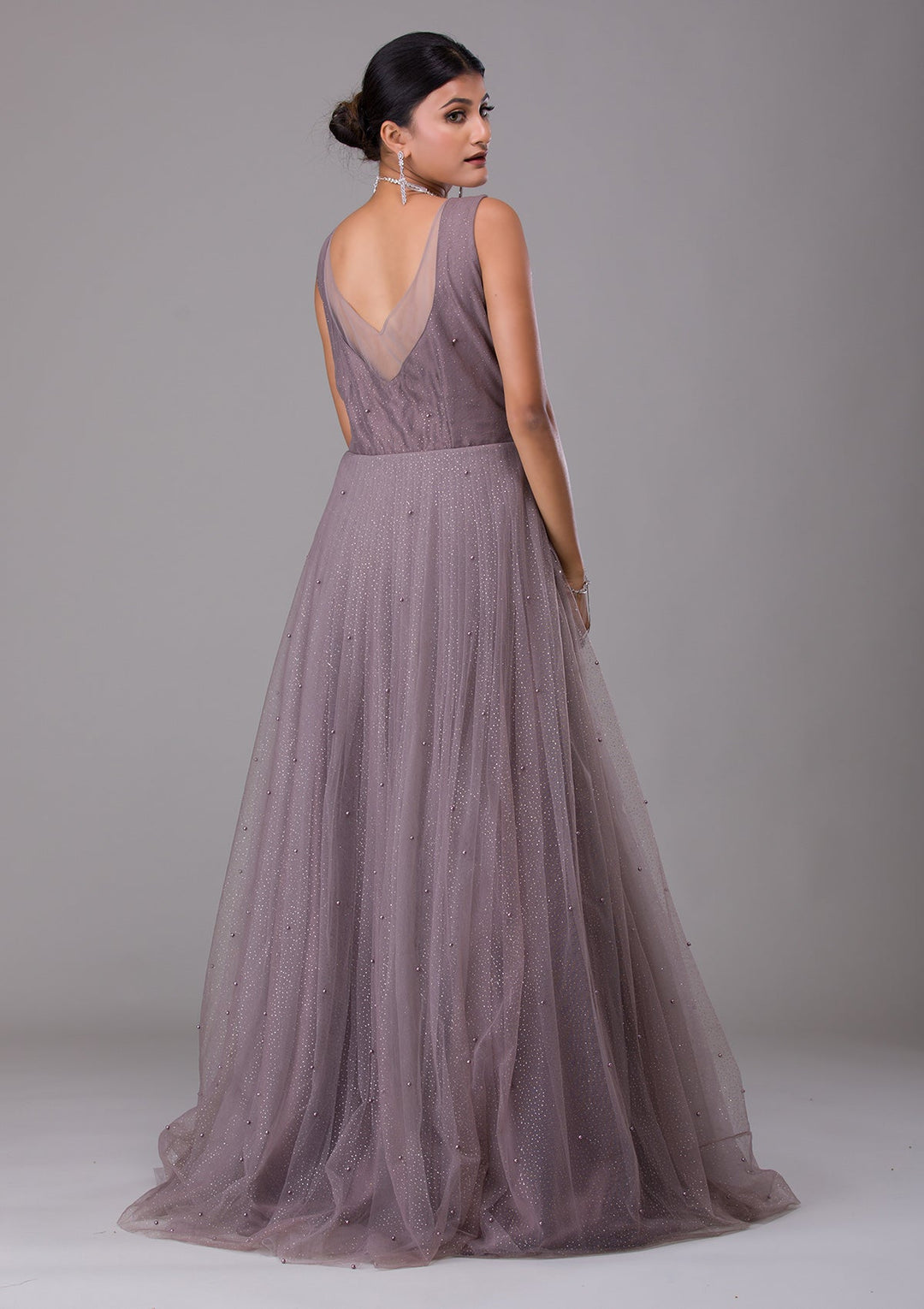 Dark Grey Sequins Net Designer Gown-Koskii