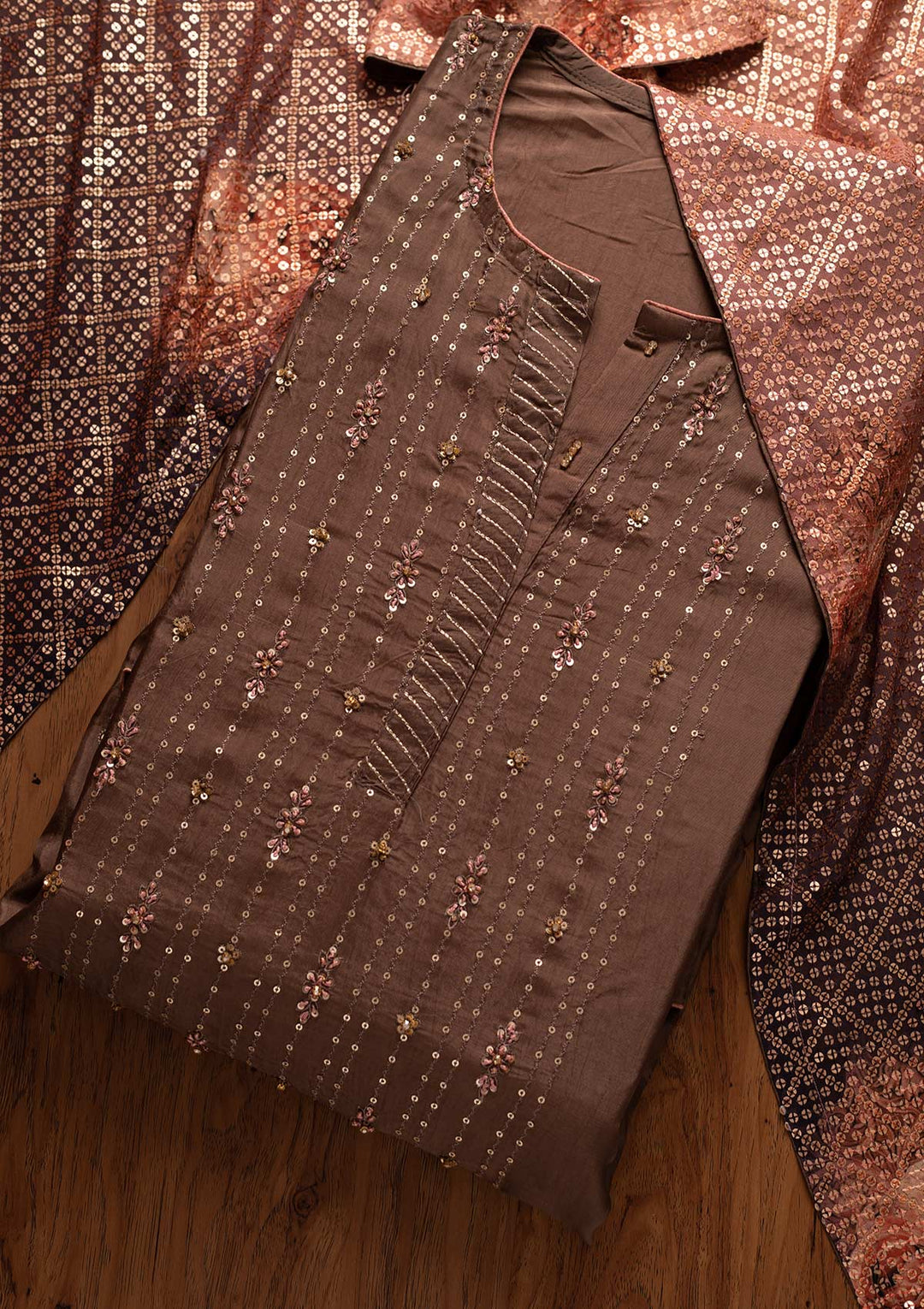 Dark Grey Sequins Semi Crepe Designer Semi-Stitched Salwar Suit - koskii