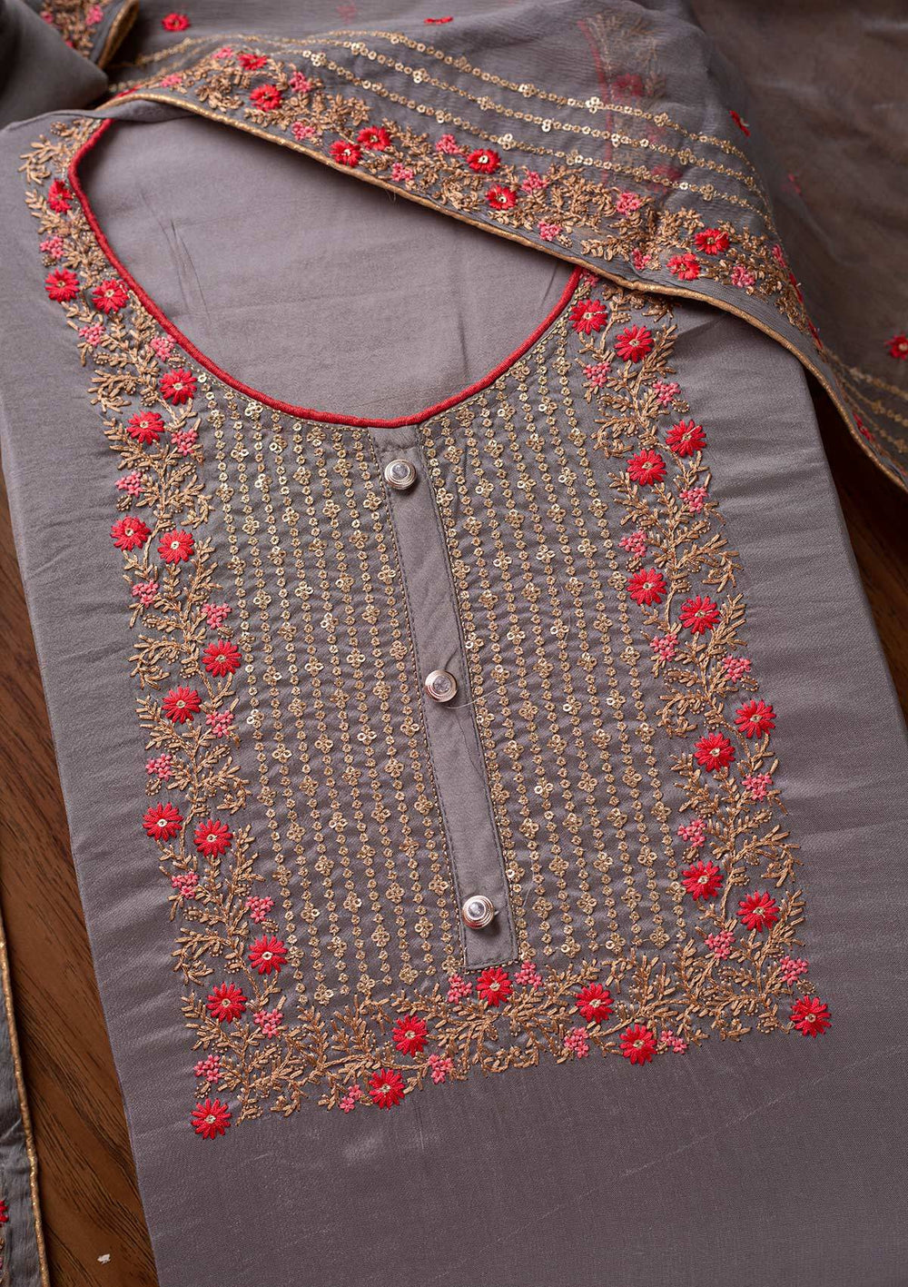 Dark Grey Sequins Semi Crepe Designer Unstitched Salwar Suit - koskii
