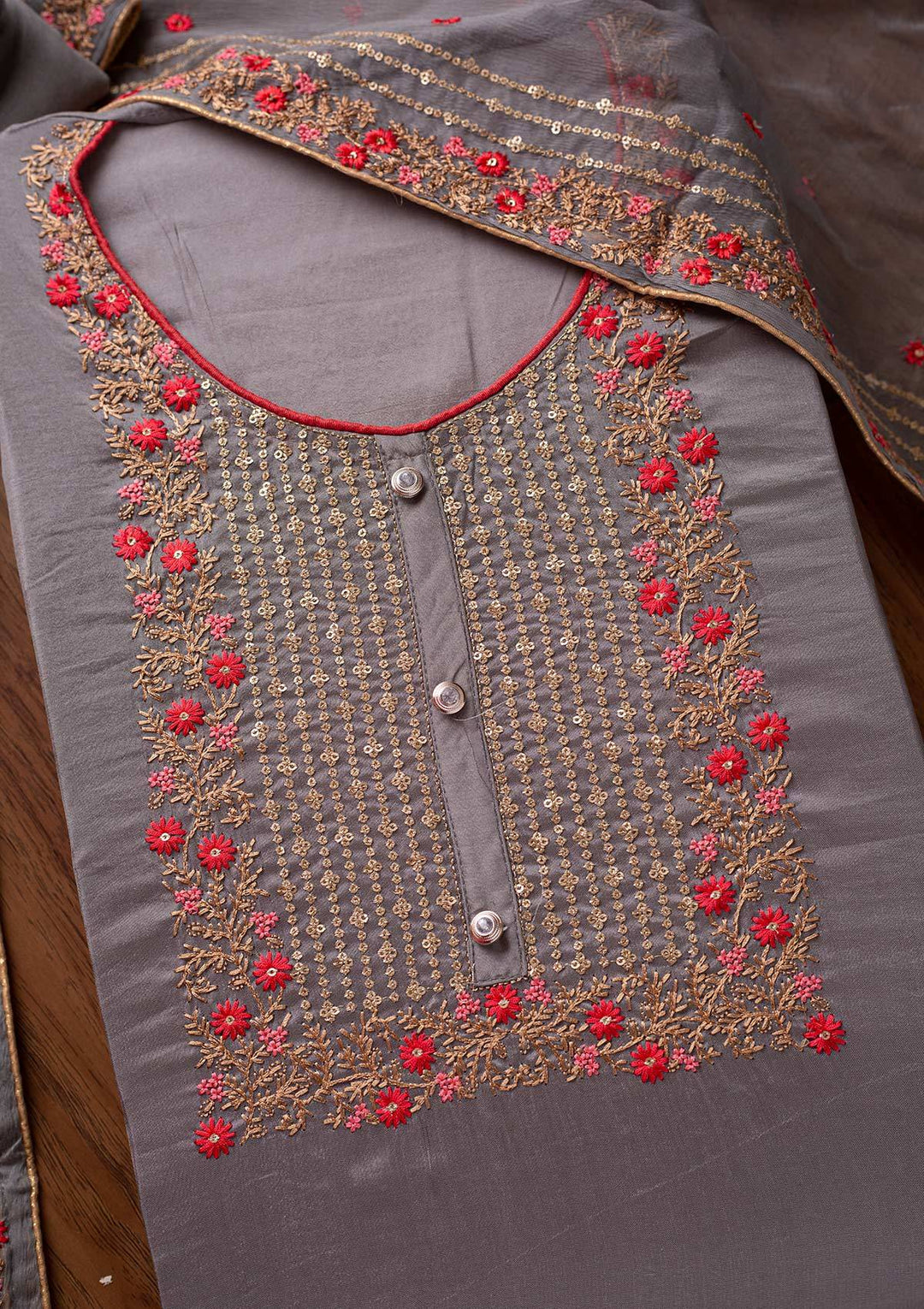 Dark Grey Sequins Semi Crepe Designer Unstitched Salwar Suit - koskii