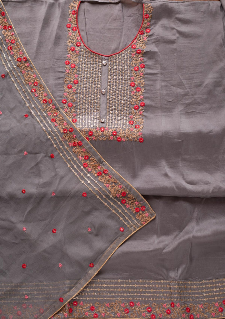 Dark Grey Sequins Semi Crepe Designer Unstitched Salwar Suit - koskii