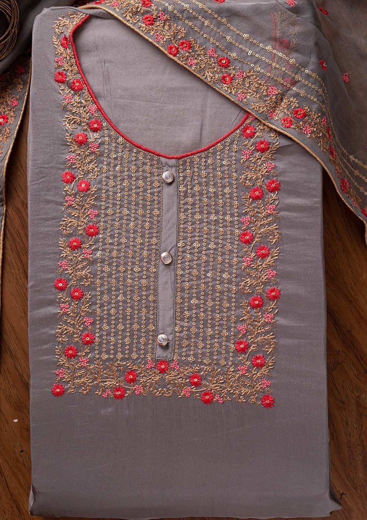 Dark Grey Sequins Semi Crepe Designer Unstitched Salwar Suit - koskii