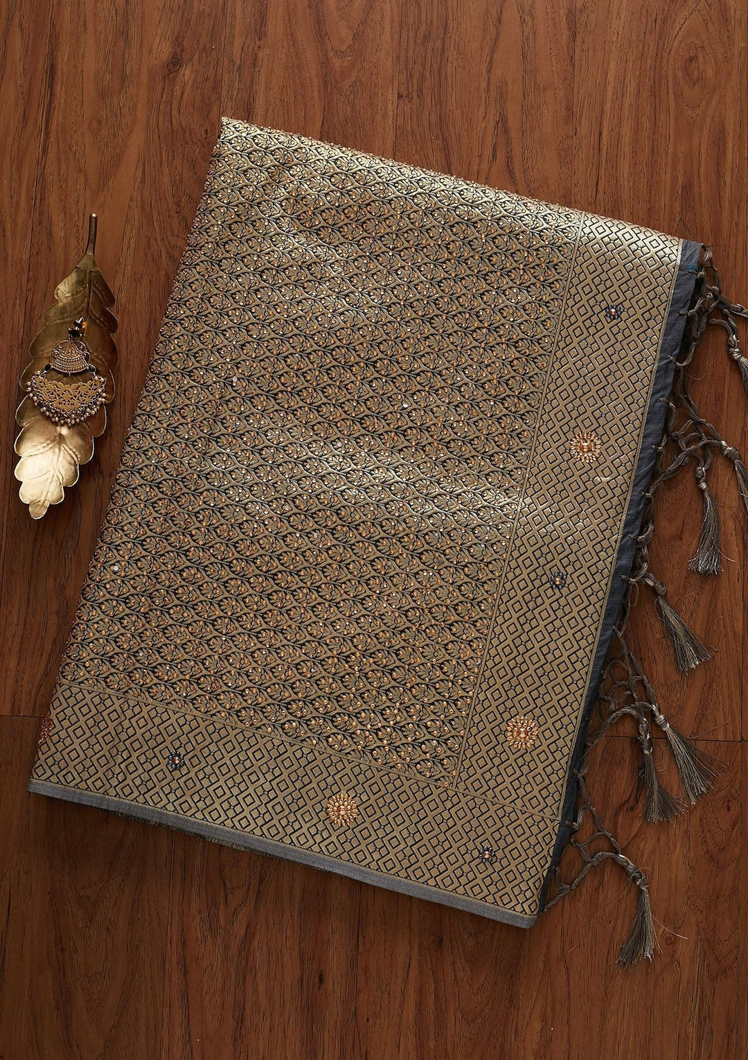 Dark Grey Stonework Chanderi Designer Saree - koskii