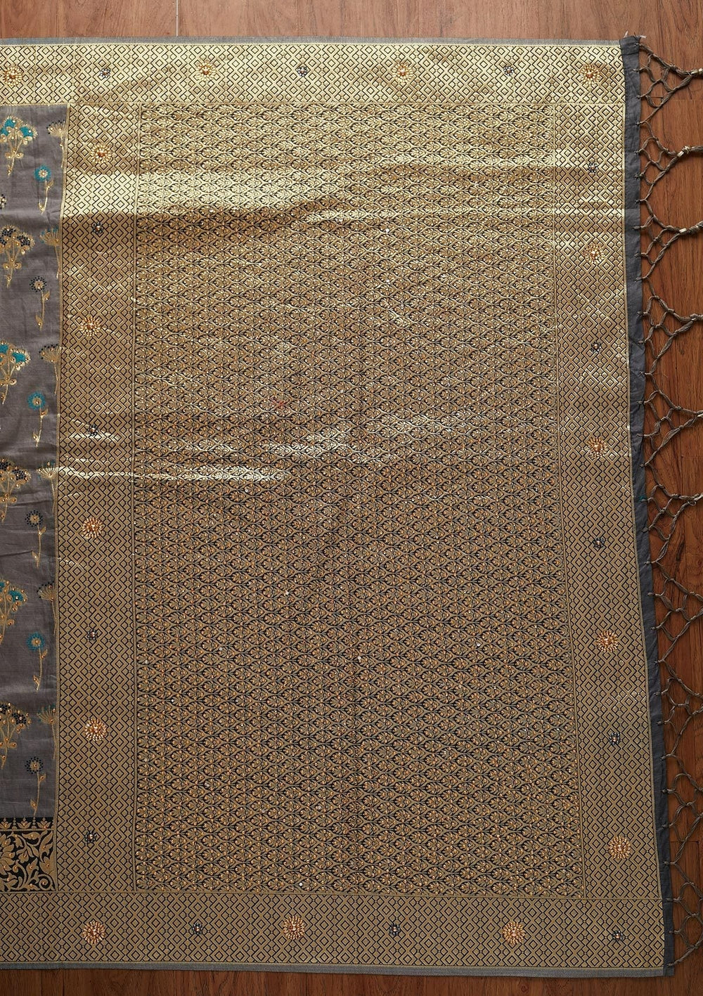 Dark Grey Stonework Chanderi Designer Saree - koskii
