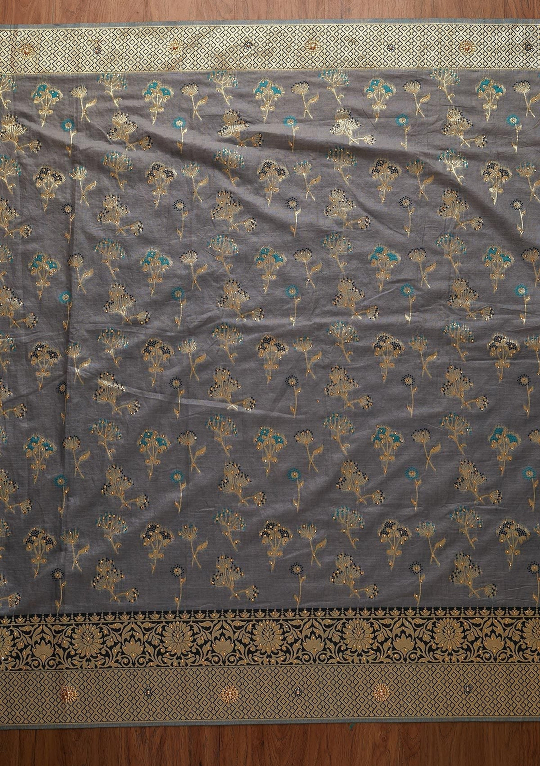 Dark Grey Stonework Chanderi Designer Saree - koskii