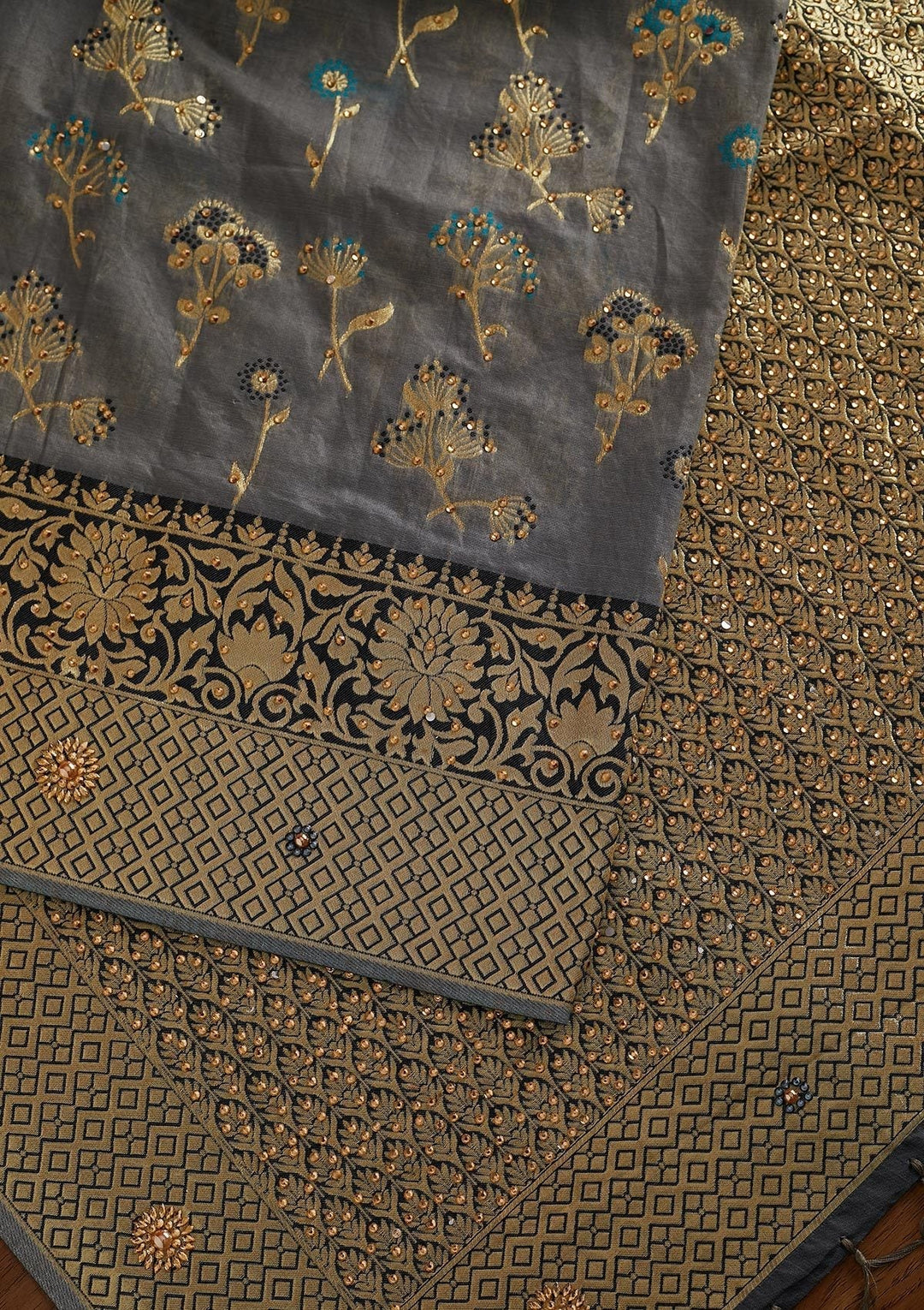 Dark Grey Stonework Chanderi Designer Saree - koskii
