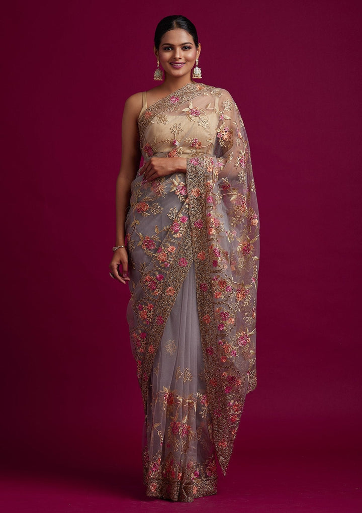 Dark Grey Stonework Net Designer Saree - koskii