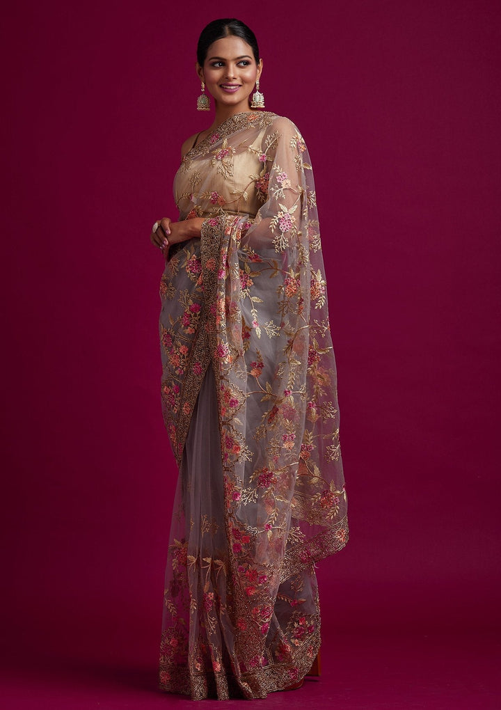 Dark Grey Stonework Net Designer Saree - koskii