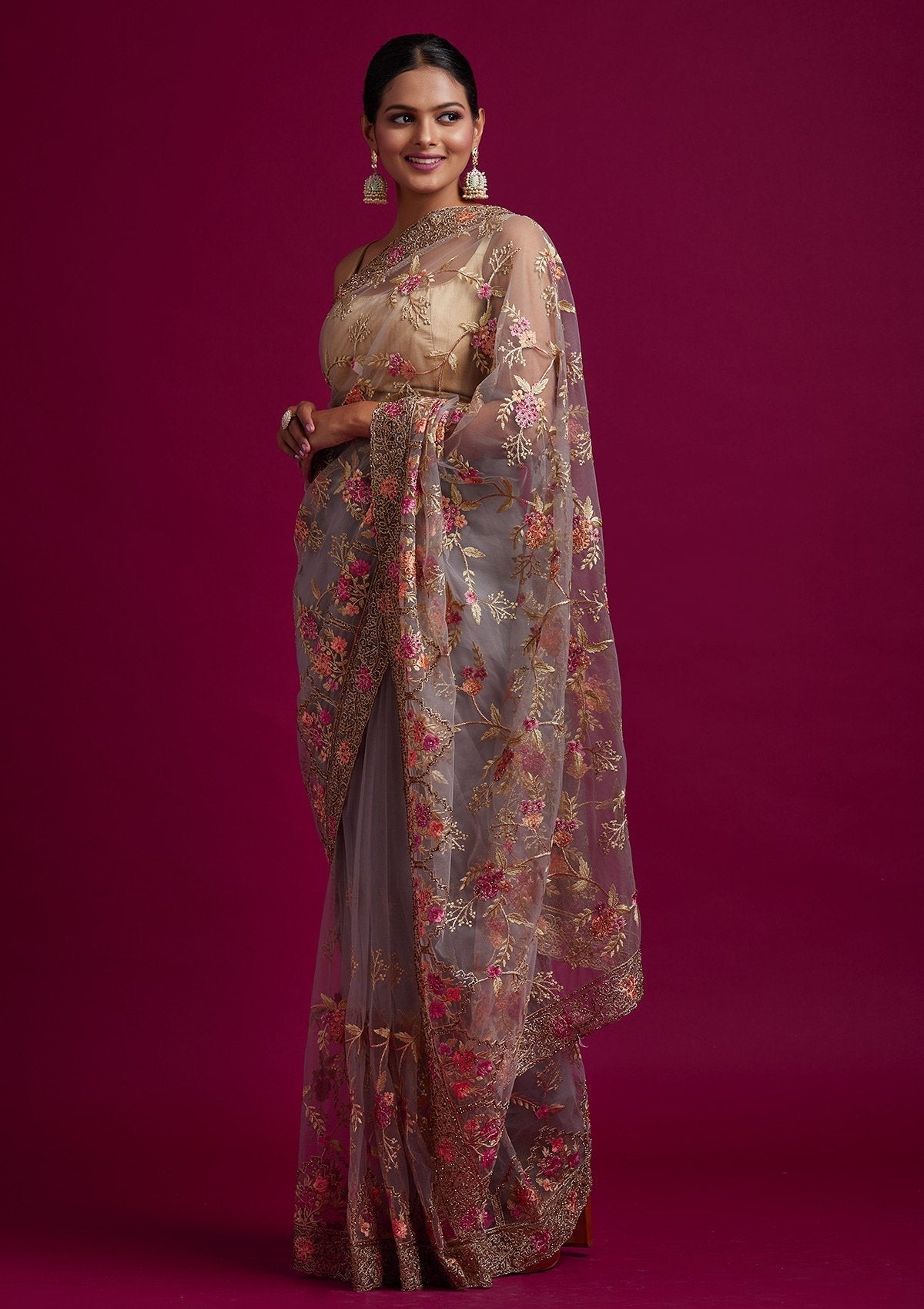 Dark Grey Stonework Net Designer Saree - koskii
