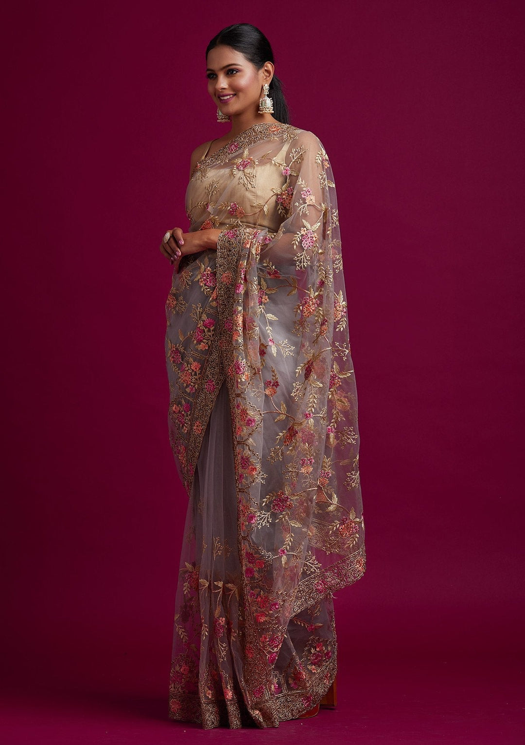 Dark Grey Stonework Net Designer Saree - koskii