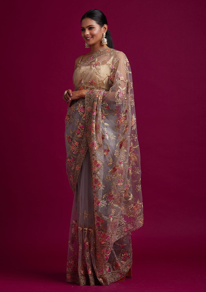 Dark Grey Stonework Net Designer Saree - koskii