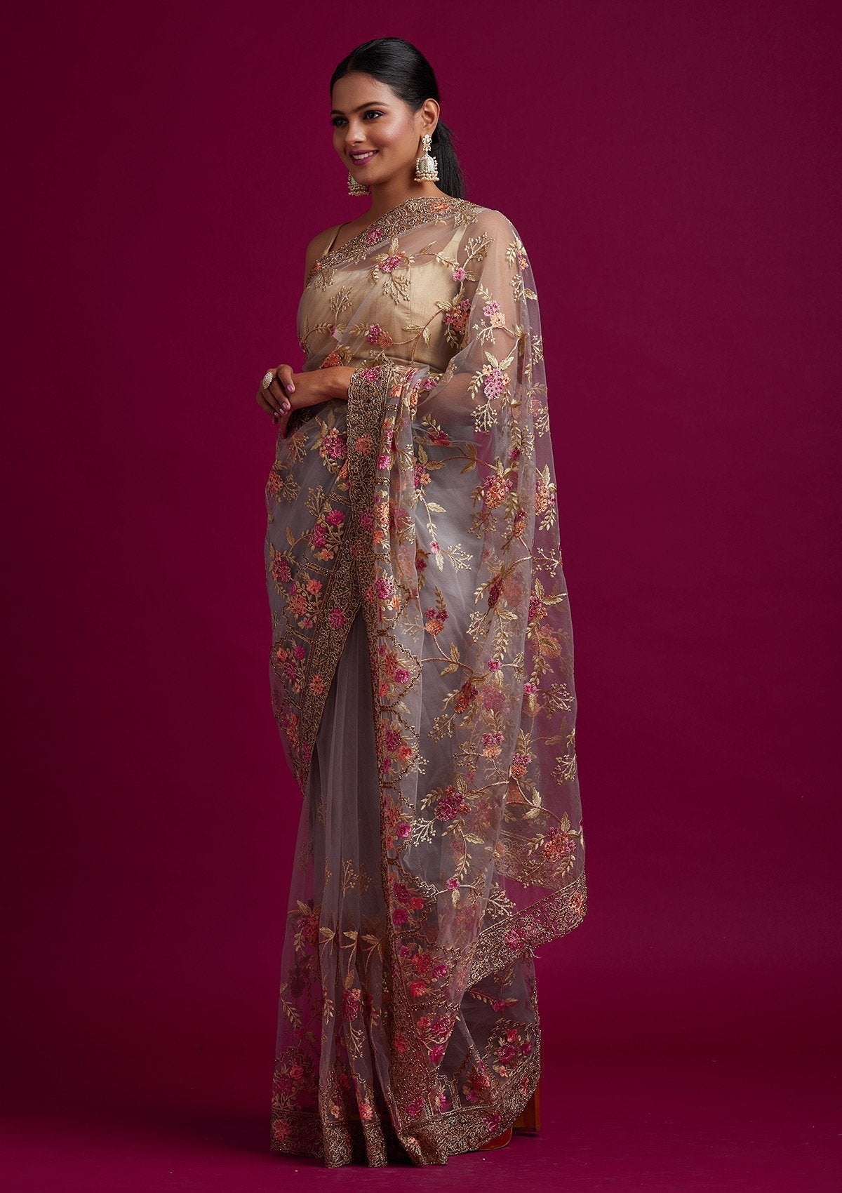Dark Grey Stonework Net Designer Saree - koskii