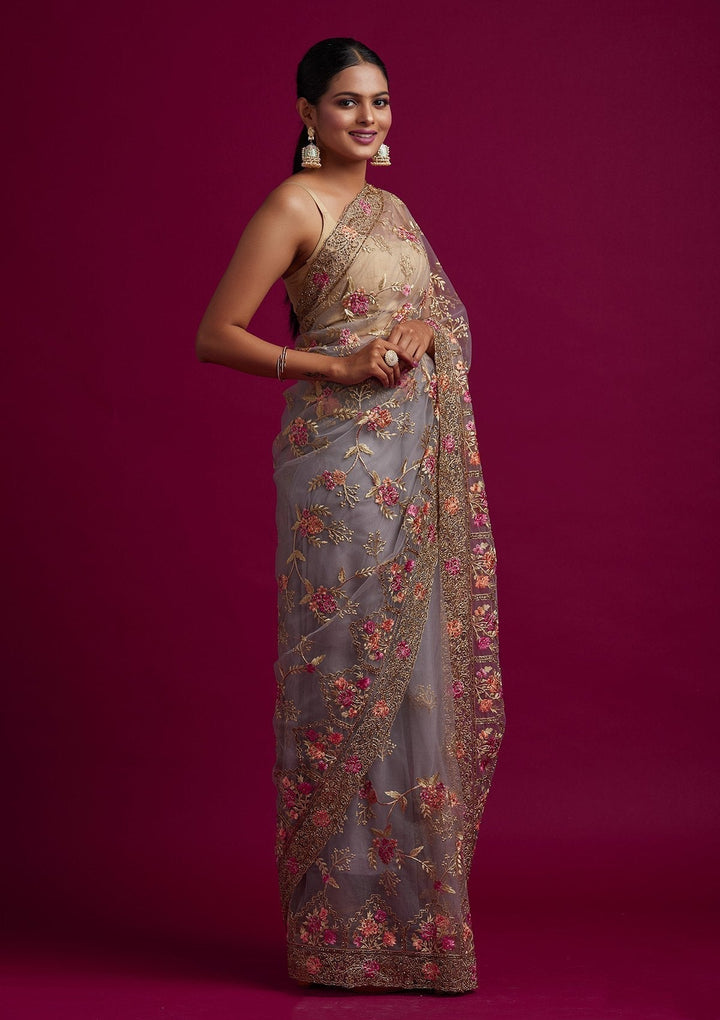 Dark Grey Stonework Net Designer Saree - koskii